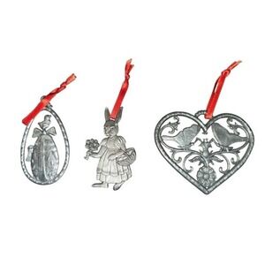 Pewter Easter Ornaments Set Egg Bunny Birds Heart Red Ribbon Holiday Decor